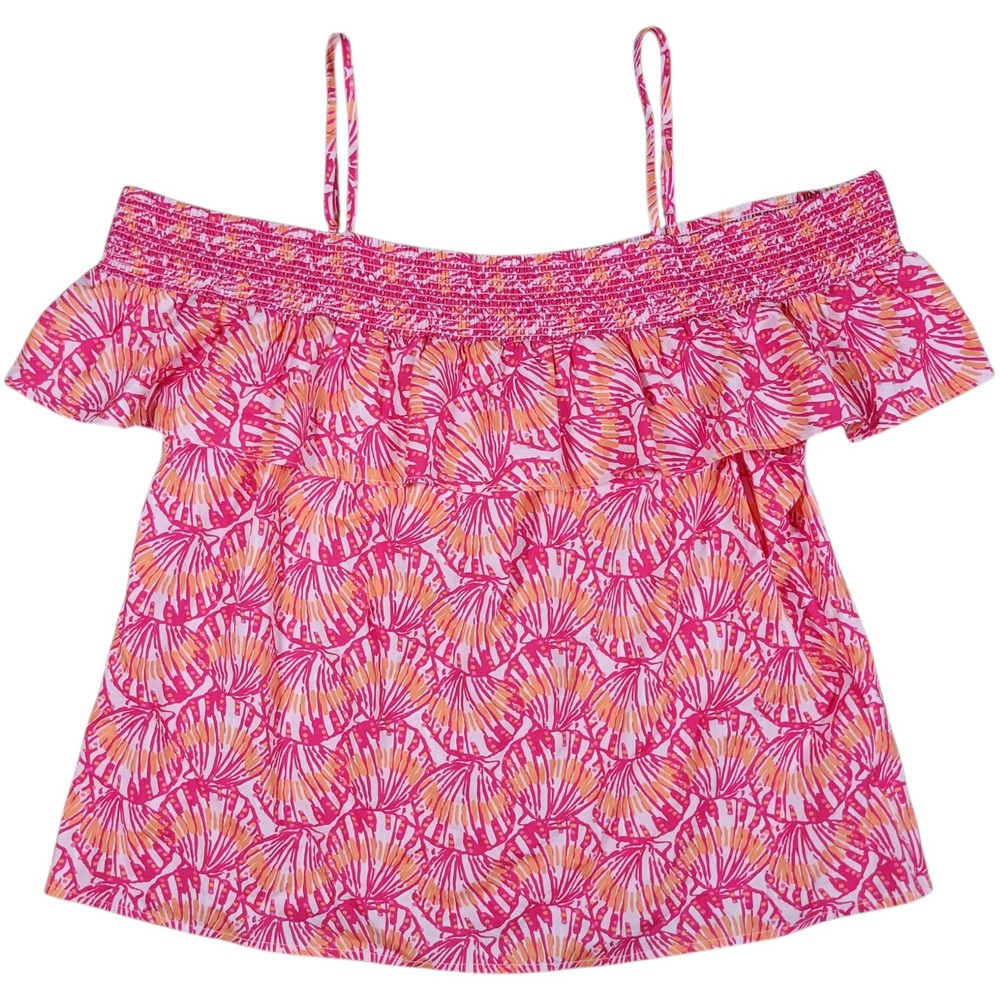 Vineyard Vines Cold Shoulder Top Womens L Pink Shell Print Ruffle Coastal Summer